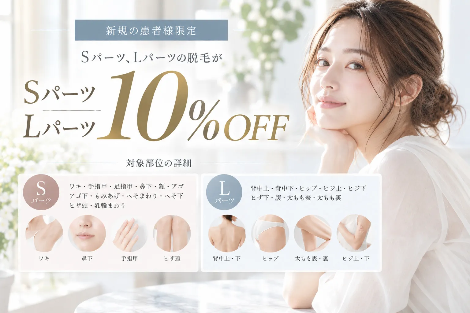 パーツ脱毛キャンペーン：新規の方限定、Sパーツ・Lパーツ10%オフ